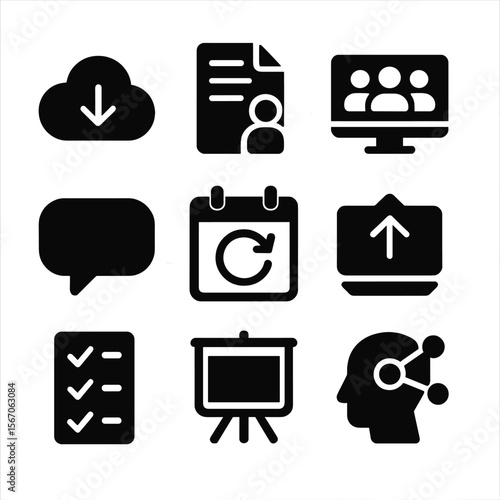 Academic Collaboration Icons. Solid, filled icon set of academic collaboration tools: cloud storage, shared document, video