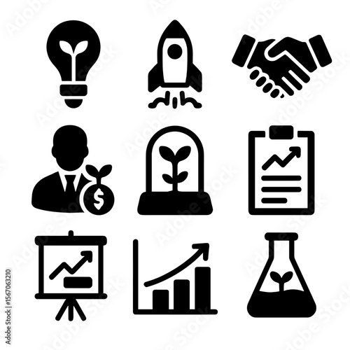 Agri-Tech Icon Grid. Solid, filled icon set of agri-tech startup ecosystem: lightbulb, rocket launch, handshake, investor,