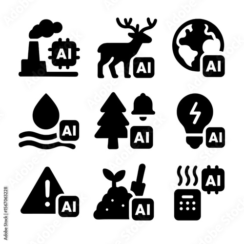 AI Environmental Icons. Solid, filled icon set of AI applications in environment: pollution detection, wildlife tracking, climate