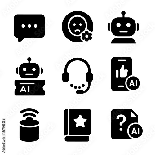 AI Service Icons Grid. Solid, filled icon set of AI in customer service: live chat icon, sentiment analysis face, helpdesk bot,