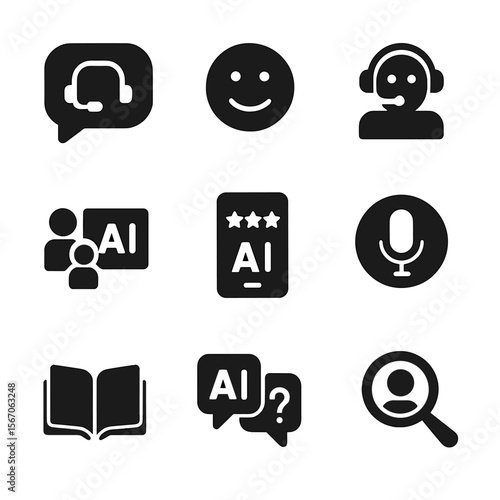 AI Service Icons Grid. Solid, filled icon set of AI in customer service: live chat icon, sentiment analysis face, helpdesk bot,