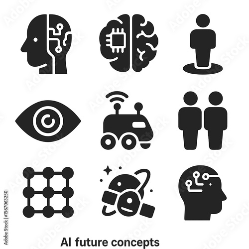 AI Future Icons. Solid, filled icon set of AI future concepts: cyborg, brain chip, hologram, robotic eye, autonomous robot,