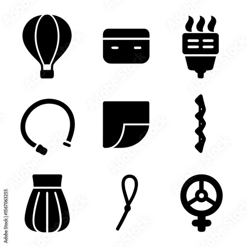Air Balloon Parts Icons. Solid, filled icon set of air balloon parts: envelope, basket, burner, fuel hose, vent flap, load tape,