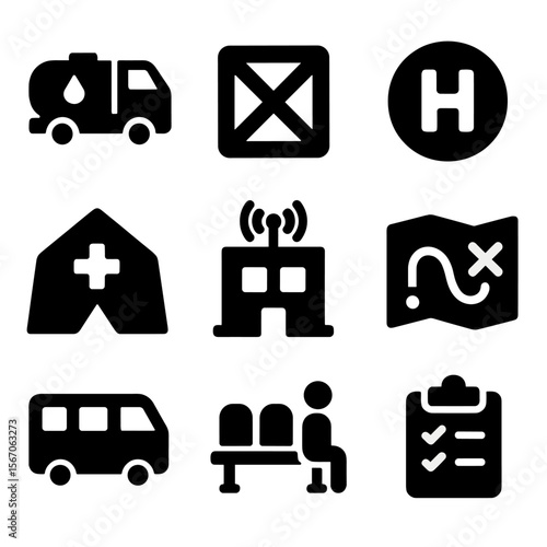 Airlift Logistics Icons. Solid, filled icon set of airlift evacuation logistics: fuel truck, supply crate, landing pad, medical