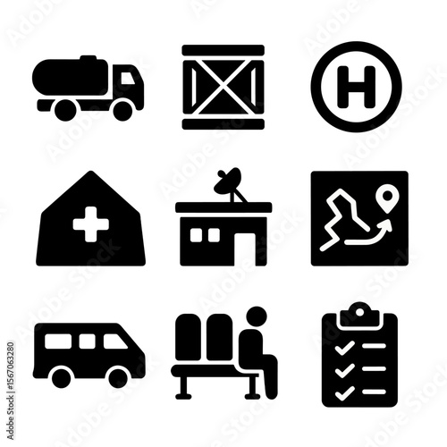 Airlift Logistics Icons. Solid, filled icon set of airlift evacuation logistics: fuel truck, supply crate, landing pad, medical