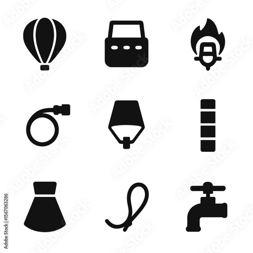 Air Balloon Parts Icons. Solid, filled icon set of air balloon parts: envelope, basket, burner, fuel hose, vent flap, load tape,
