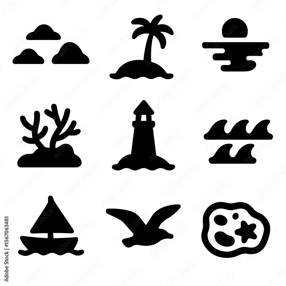 Fototapeta premium Archipelago Icon Set. Solid, filled icon set of archipelago landscapes: island cluster, palm tree, sandy beach, coral reef,