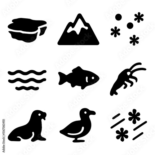 Antarctic Icon Set. Solid, filled icon set of Antarctic habitat: ice floe, snow, glacier, cold water, fish, krill, seal, albatross