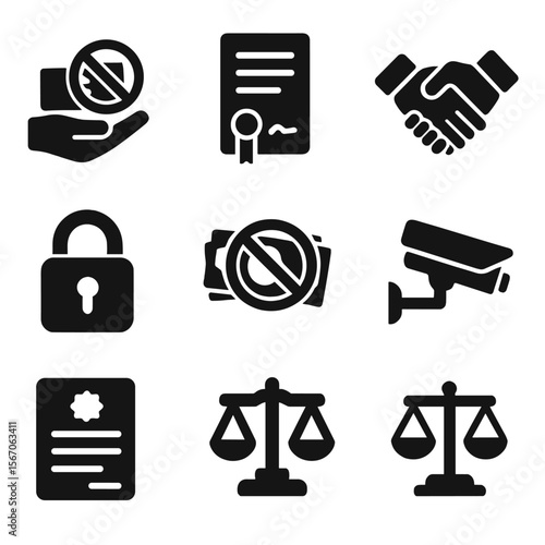 Anti-Corruption Icon Set. Solid, filled icon set of anti-corruption measures: bribe crossed, legal document, ethical contract,