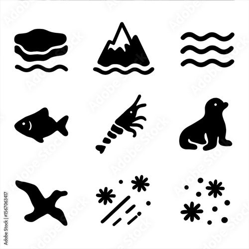 Antarctic Icon Set. Solid, filled icon set of Antarctic habitat: ice floe, snow, glacier, cold water, fish, krill, seal, albatross