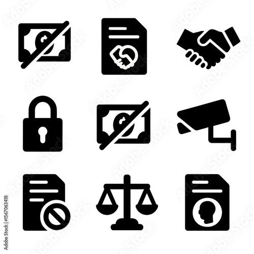 Anti-Corruption Icon Set. Solid, filled icon set of anti-corruption measures: bribe crossed, legal document, ethical contract,