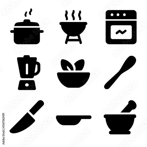 Anti-Inflammatory Cooking Icons. Solid, filled icon set of anti-inflammatory cooking methods: steaming pot, grill, oven, blender,