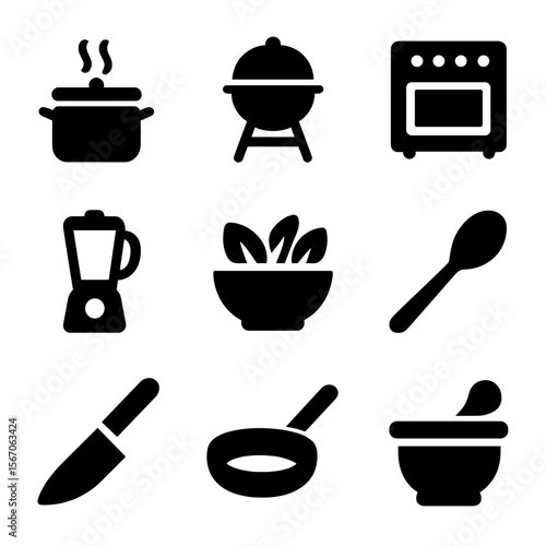 Anti-Inflammatory Cooking Icons. Solid, filled icon set of anti-inflammatory cooking methods: steaming pot, grill, oven, blender,