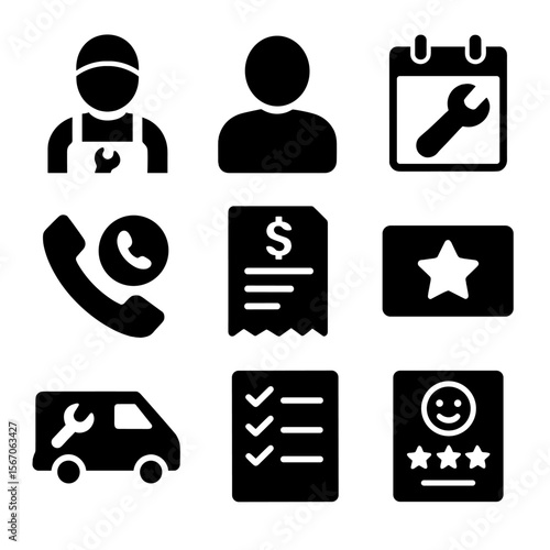 Appliance Repair Icons. Solid, filled icon set of customer service in appliance repair: technician, customer, appointment calendar