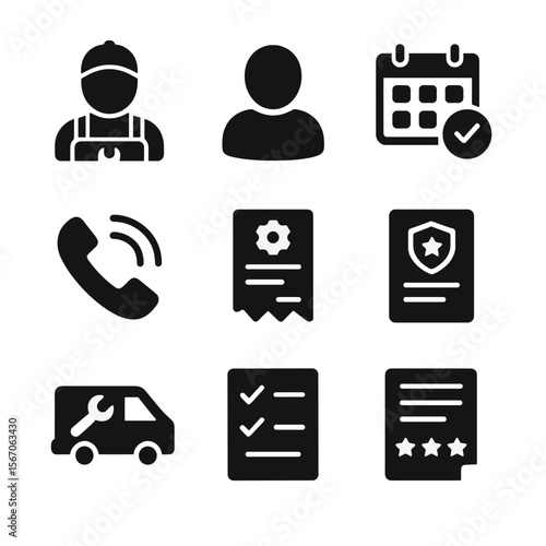 Appliance Repair Icons. Solid, filled icon set of customer service in appliance repair: technician, customer, appointment calendar