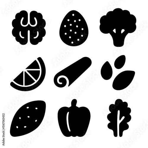 Anti-Inflammatory Food Icons. Solid, filled icon set of anti-inflammatory foods: walnuts, chia seeds, broccoli head, lemon wedge,