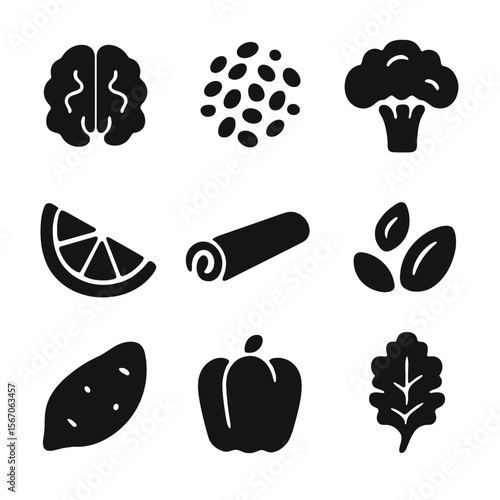 Anti-Inflammatory Food Icons. Solid, filled icon set of anti-inflammatory foods: walnuts, chia seeds, broccoli head, lemon wedge,