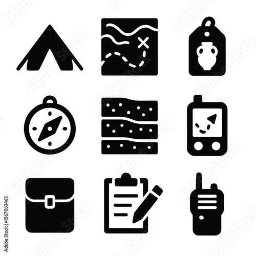Archaeology Icon Set. Solid, filled icon set of archaeological fieldwork: dig site tent, site map, artifact tag, compass, soil