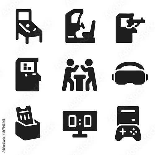 Arcade Game Icons. Solid, filled icon set of Arcade Games: pinball machine, racing game, shooting game, puzzle, fighting game, VR