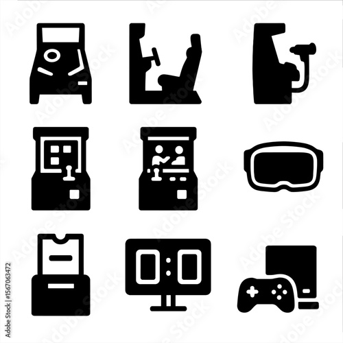 Arcade Game Icons. Solid, filled icon set of Arcade Games: pinball machine, racing game, shooting game, puzzle, fighting game, VR