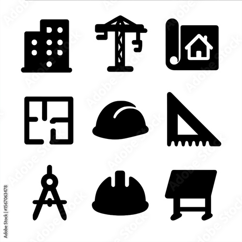 Architectural Icon Grid. Solid, filled icon set of architectural models: building, crane, blueprint, floor plan, construction
