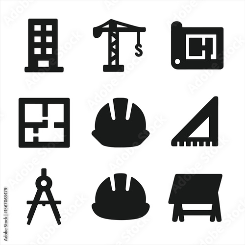 Architectural Icon Grid. Solid, filled icon set of architectural models: building, crane, blueprint, floor plan, construction