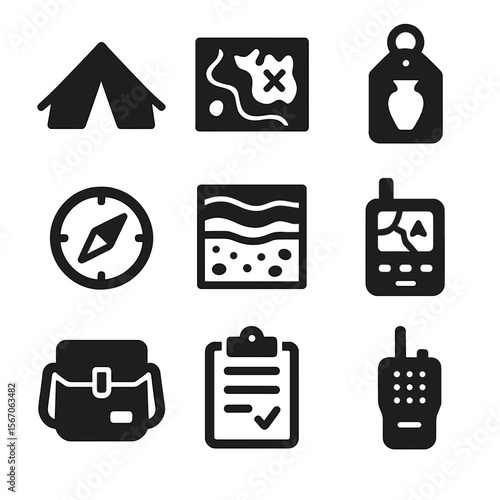 Archaeology Icon Set. Solid, filled icon set of archaeological fieldwork: dig site tent, site map, artifact tag, compass, soil