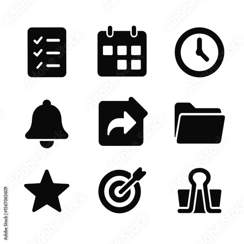 Assignment Icon Set. Solid, filled icon set of assignment management: checklist icon, calendar, deadline clock, alert bell, submit