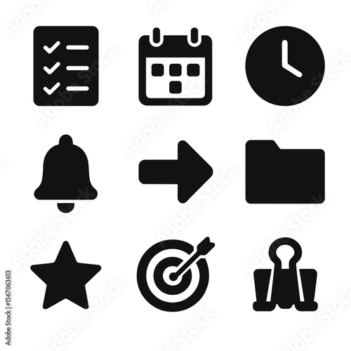 Assignment Icon Set. Solid, filled icon set of assignment management: checklist icon, calendar, deadline clock, alert bell, submit
