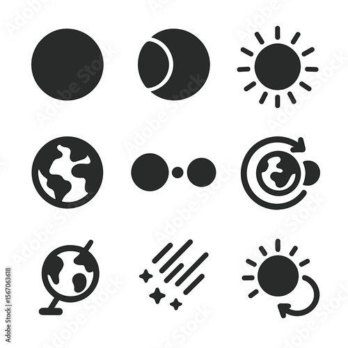 Astronomical Icon Grid. Solid, filled icon set of astronomical influences: solar eclipse, lunar eclipse, sun rays, Earth-Moon-Sun