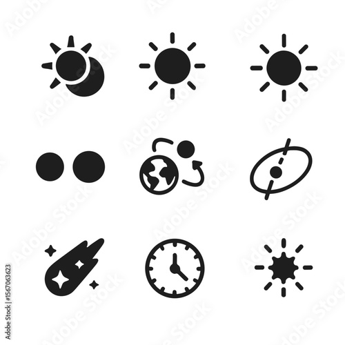 Astronomical Icon Grid. Solid, filled icon set of astronomical influences: solar eclipse, lunar eclipse, sun rays, Earth-Moon-Sun