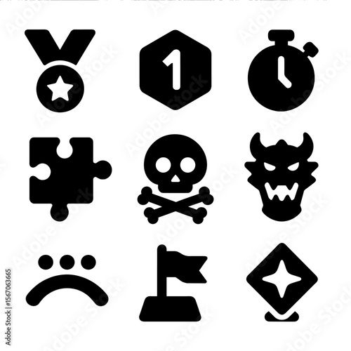 Achievement Icon Set. Solid, filled icon set of achievement types: completion medal, high score badge, speedrun clock, puzzle