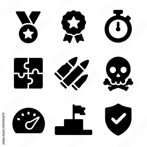 Achievement Icon Set. Solid, filled icon set of achievement types: completion medal, high score badge, speedrun clock, puzzle