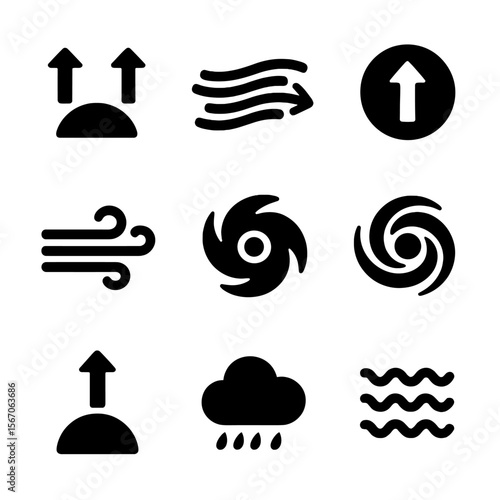Atmospheric Dynamics Icons. Solid, filled icon set of atmospheric dynamics: convection current, jet stream, pressure system, wind