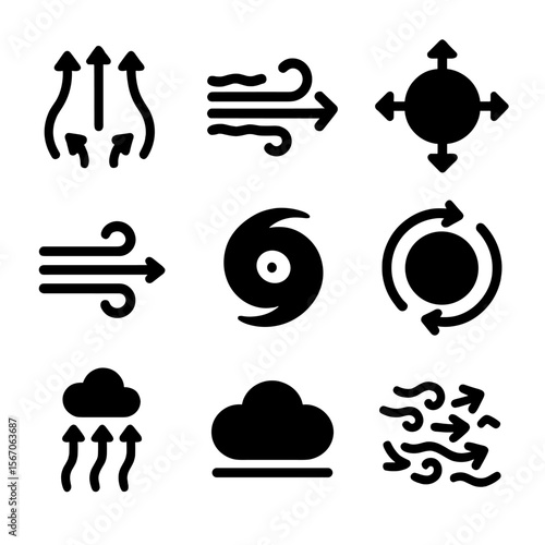 Atmospheric Dynamics Icons. Solid, filled icon set of atmospheric dynamics: convection current, jet stream, pressure system, wind
