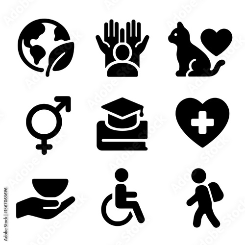Advocacy Causes Icons. Solid, filled icon set of advocacy causes: environmental protection, human rights, animal welfare, gender