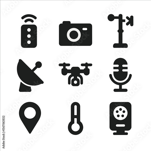 AI Tools Icon Set. Solid, filled icon set of AI data collection tools: remote sensor, camera, weather station, satellite dish,
