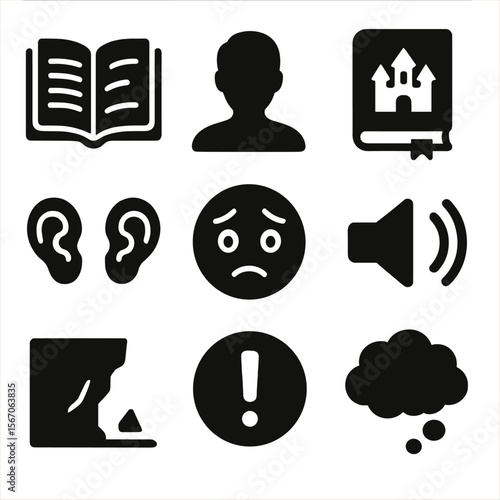 Audio Storytelling Icons. Solid, filled icon set of audio storytelling: open script, narrator face, storybook icon, listener ears,