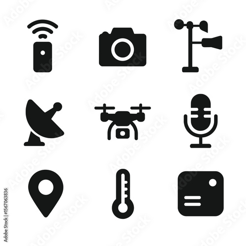 AI Tools Icon Set. Solid, filled icon set of AI data collection tools: remote sensor, camera, weather station, satellite dish,