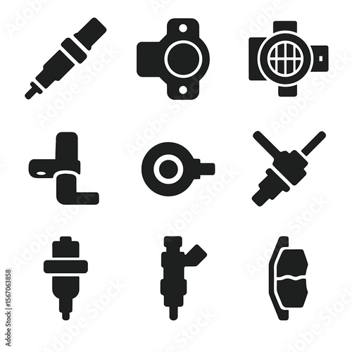 Automotive Sensor Icons. Solid, filled icon set of automotive sensors: oxygen sensor, throttle position sensor, mass airflow