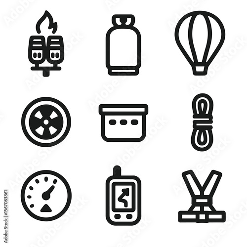 Air Balloon Icon Set. Solid, filled icon set of air balloon flight equipment: burner, fuel tank, envelope, vent, basket, tether