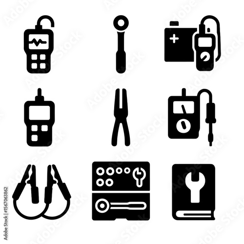 Automotive Tool Icons. Solid, filled icon set of automotive repair tools: diagnostic scanner, torque wrench, battery tester, code