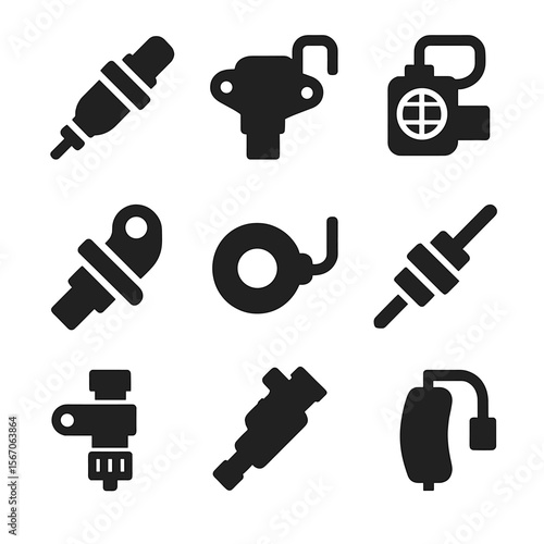 Automotive Sensor Icons. Solid, filled icon set of automotive sensors: oxygen sensor, throttle position sensor, mass airflow