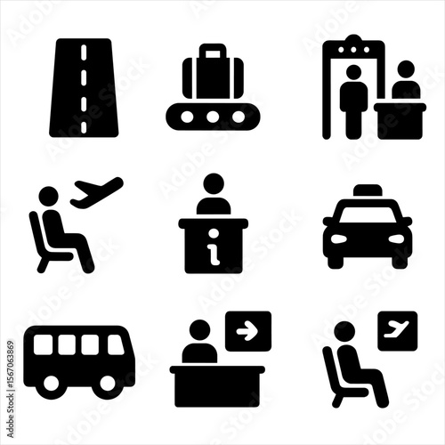 Airport Facilities Icons. Solid, filled icon set of airport facilities: runway, baggage claim, security checkpoint, customs,