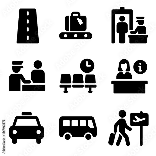 Airport Facilities Icons. Solid, filled icon set of airport facilities: runway, baggage claim, security checkpoint, customs,