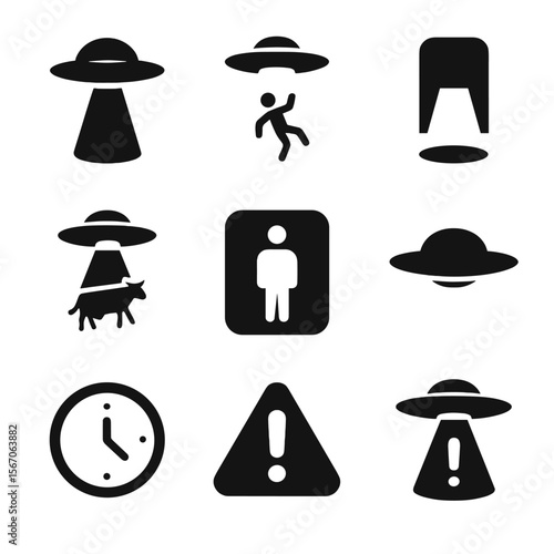 Alien Abduction Icons. Solid, filled icon set of alien abduction: beam of light, abducted human, tractor beam, UFO door, floating