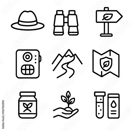 Alpine Conservation Icons. Solid, filled icon set of alpine ecosystem conservation: ranger hat, binoculars, eco trail sign,