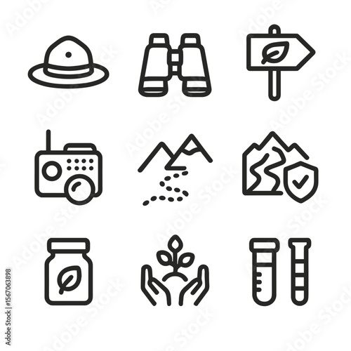 Alpine Conservation Icons. Solid, filled icon set of alpine ecosystem conservation: ranger hat, binoculars, eco trail sign,