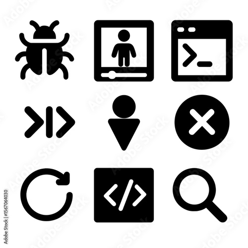 Animation Debugging Icons. Solid, filled icon set of animation debugging tools: code bug, test frame, console log, animation