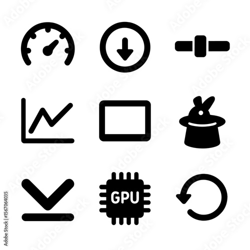 Animation Tips Icons. Solid, filled icon set of animation performance tips: speedometer, lazy load icon, throttle slider, render